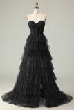 Black A Line Strapless Tiered Ruffle Polka Dots Long Prom Dress with Slit