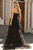 Black Strapless A Line Tiered Ruffle Polka Dots Long Prom Dress with Slit