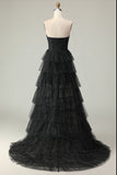 Black A Line Strapless Tiered Ruffle Polka Dots Long Prom Dress with Slit