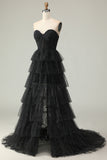 Black A Line Strapless Tiered Ruffle Polka Dots Long Prom Dress with Slit