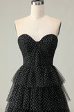 Black A Line Strapless Tiered Ruffle Polka Dots Long Prom Dress with Slit