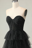 Black A Line Strapless Tiered Ruffle Polka Dots Long Prom Dress with Slit
