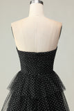 Black A Line Strapless Tiered Ruffle Polka Dots Long Prom Dress with Slit