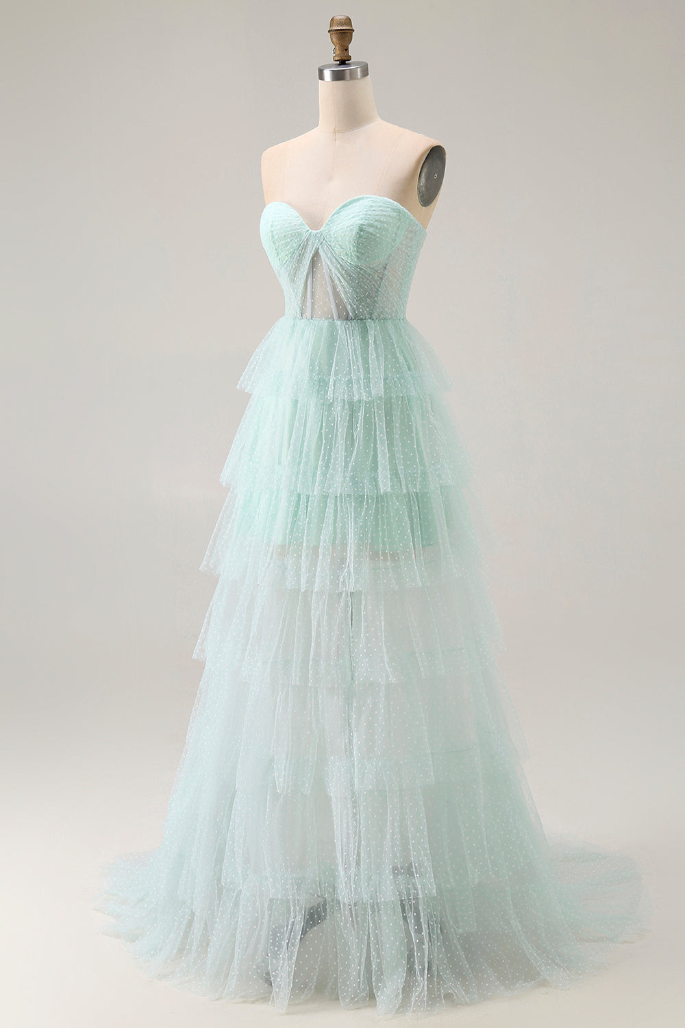 ZAPAKA Women Light Green Long Bridesmaid Dress Strapless A Line Polka Dots Corset Tiered Ruffle Wedding Guest Dress with Slit, Light Green / US18W ZAPAKA Women Light Green Long Bridesmaid Dress Strapless A Line Polka Dots Corset Tiered Ruffle Wedding Guest Dress with Slit, Light Green / US18W