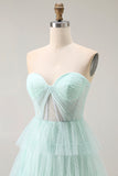 Light Green Strapless A Line Polka Dots Tiered Ruffle Bridesmaid Dress with Slit
