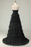 Black A Line Strapless Tiered Ruffle Polka Dots Long Prom Dress with Slit
