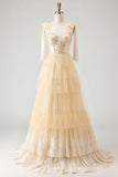 Champagne Corset A Line Ruffled Beaded Long Prom Dress with Lace Up Back