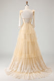 Champagne Corset A Line Ruffled Beaded Long Prom Dress with Lace Up Back