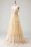 Apricot A Line Beaded Corset Ruffled Long Prom Dress with Lace Up Back