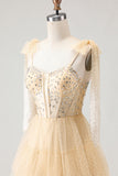 Apricot A Line Beaded Corset Ruffled Long Prom Dress with Lace Up Back