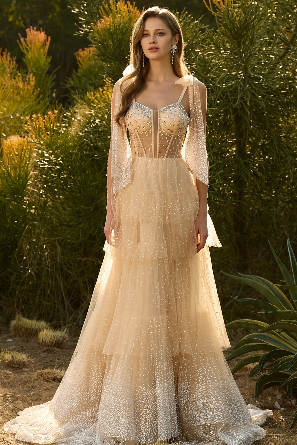 Zapaka Women Champagne Long Prom Dress with Ruffles A Line Spaghetti Straps Corset Beaded Tulle Party Dress with Lace Up Back ZAPAKA Zapaka Women Champagne Long Prom Dress with Ruffles A Line Spaghetti Straps Corset Beaded Tulle Party Dress with Lace Up Back ZAPAKA