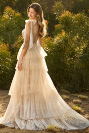 Champagne Corset A Line Ruffled Beaded Long Prom Dress with Lace Up Back