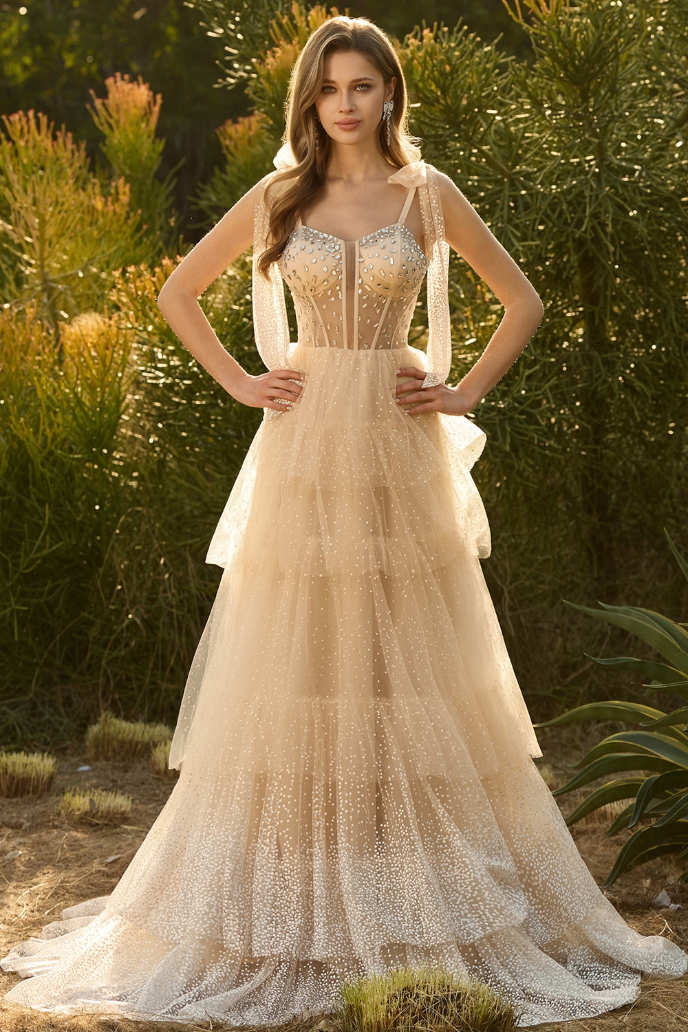 champagne beaded maxi dress Champagne Glitter Maxi Dress with High Slit and Beaded Floral Detailing Embellished Gown with Sheer Tulle Train Plus Size Size 12 / Champagne