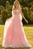 Pink A Line Ruffled Corset Beaded Long Prom Dress with Lace Up Back