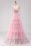 Pink A Line Corset Ruffled Beaded Long Prom Dress with Lace Up Back