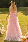 Pink A Line Ruffled Corset Beaded Long Prom Dress with Lace Up Back