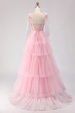 Pink A Line Corset Ruffled Beaded Long Prom Dress with Lace Up Back