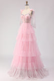 Pink A Line Corset Ruffled Beaded Long Prom Dress with Lace Up Back