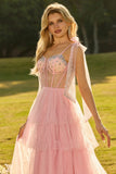 Pink A Line Ruffled Corset Beaded Long Prom Dress with Lace Up Back
