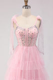 Pink A Line Corset Ruffled Beaded Long Prom Dress with Lace Up Back