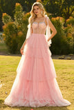 Pink A Line Corset Ruffled Beaded Long Prom Dress with Lace Up Back