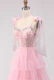 Pink A Line Corset Ruffled Beaded Long Prom Dress with Lace Up Back