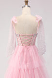 Pink A Line Corset Ruffled Beaded Long Prom Dress with Lace Up Back