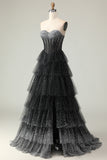 Black White Corset A Line Sweetheart Tiered Polka Dots Long Prom Dress with Ruffles