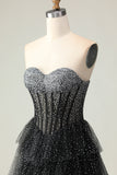 Black White Corset A Line Sweetheart Tiered Polka Dots Long Prom Dress with Ruffles