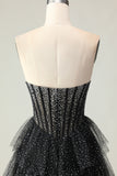 Black White Corset A Line Sweetheart Tiered Polka Dots Long Prom Dress with Ruffles