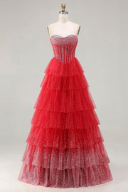 Red Corset A Line Sweetheart Tiered Polka Dots Long Prom Dress with Ruffles