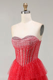 Red Corset A Line Sweetheart Tiered Polka Dots Long Prom Dress with Ruffles