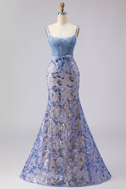 Mermaid Grey Blue Corset Appliqued Sequin Long Prom Dress with Bow
