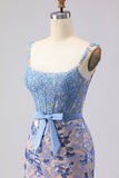 Mermaid Grey Blue Corset Appliqued Sequin Long Prom Dress with Bow