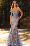 Strapless Mermaid Corset Grey Blue Embroidered Long Prom Dress with Sequins