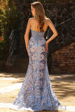 Strapless Mermaid Corset Grey Blue Embroidered Long Prom Dress with Sequins