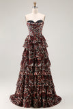 Brown Leopard A Line Sweetheart Tiered Long Prom Dress with Ruffles