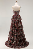 Brown Leopard A Line Sweetheart Tiered Long Prom Dress with Ruffles