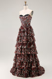 Brown Leopard A Line Sweetheart Tiered Long Prom Dress with Ruffles
