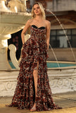 Brown Leopard Sweetheart A Line Tiered Long Prom Dress with Ruffles