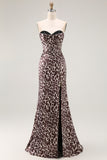 Coffee Leopard Mermaid Strapless Corset Long Prom Dress with Slit