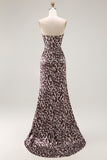 Coffee Leopard Mermaid Strapless Corset Long Prom Dress with Slit