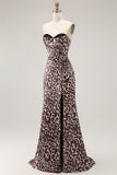 Coffee Leopard Mermaid Strapless Corset Long Prom Dress with Slit