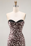 Coffee Leopard Mermaid Strapless Corset Long Prom Dress with Slit