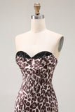 Coffee Leopard Mermaid Strapless Corset Long Prom Dress with Slit