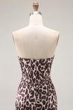 Coffee Leopard Mermaid Strapless Corset Long Prom Dress with Slit