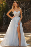 Champagne A-Line Corset Strapless Long Tulle Prom Dress with Slit