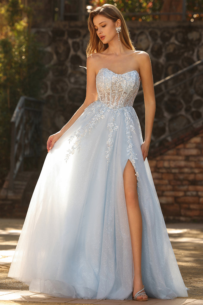 ZAPAKA Women Glitter Blue Long Prom Dress with Slit A-Line Strapless
