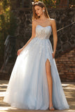 Champagne A-Line Corset Strapless Long Tulle Prom Dress with Slit
