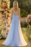 Blue A Line Strapless Convertible Corset Sequins Long Prom Dress with Removable Sleeves